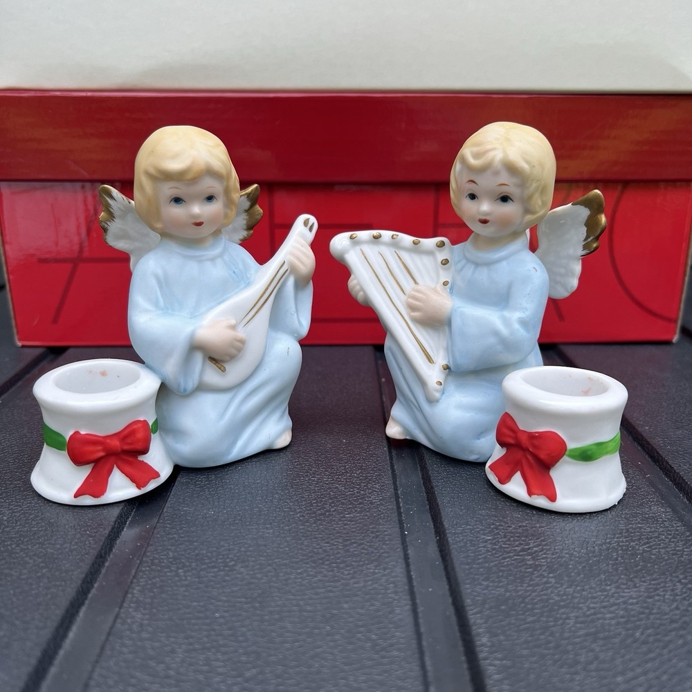 Vtg 1980s Porcelain Musical Angel Taper Candle Holders Aldon Hand Painted Taiwan